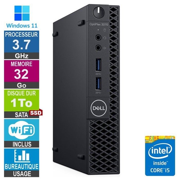 Dell 3070 Micro i5-9500T 3.70GHz 32Go/1To SSD Wifi W11 Reconditionné - Dell reconditionné disponible sur Cdiscount Seconde Vie