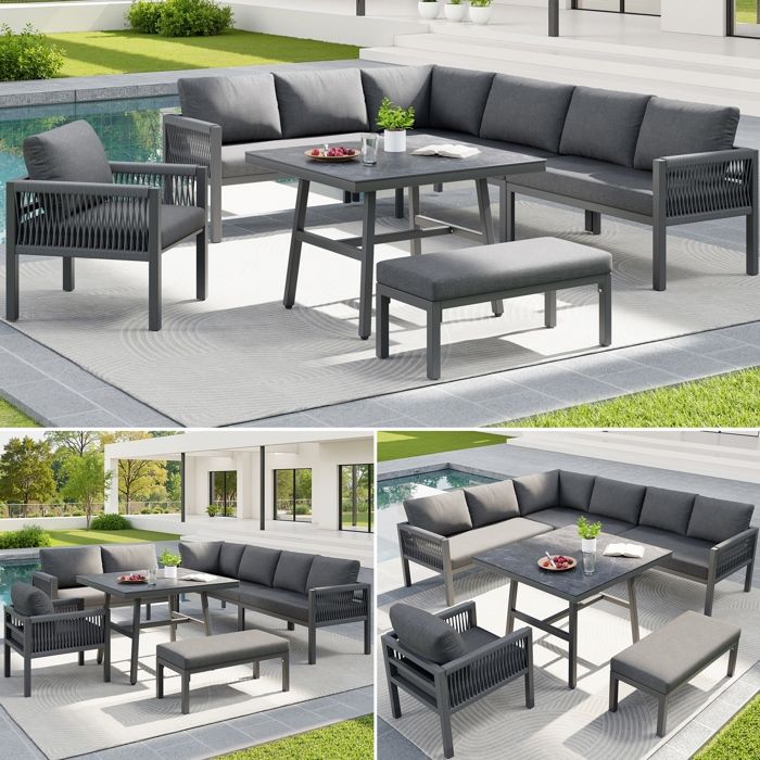 Ensemble Salon de jardinCanapé dangle en forme L 8 placesTressé main Table marbre verre Coussin amovibleGris