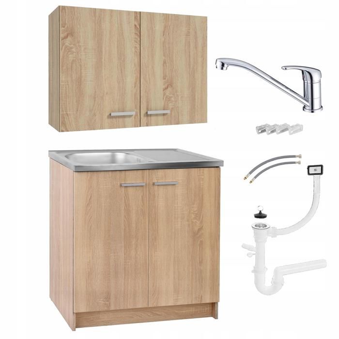 STAMAR Meuble sous Évier 80 cm Chêne Sonoma + Évier Inox + Robinet Flex Pivotant Chrome + Siphon LV + Meuble Haut - 80x49x82 cm
