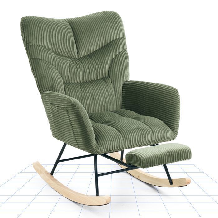 FlexiSpot Fauteuil de Relaxation à Bascule en Velours Côtelé avec Repose-pieds Rocking Chair pour Salon Balcon ou Terrasse Vert
