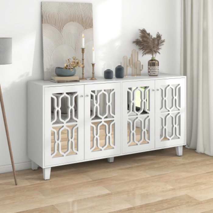 Buffet bas blanc laqué avec portes miroir et poignées cristal 4 portes pour salon et salle à manger 160x40x84cm