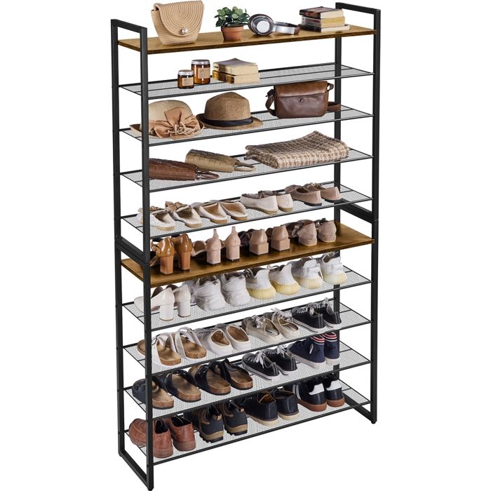 Yaheetech Étagère à Chaussures Empilable en Métal à 10 Niveaux 50 Paires Modulable 2 en 1 pour Entrée Brun Rustique