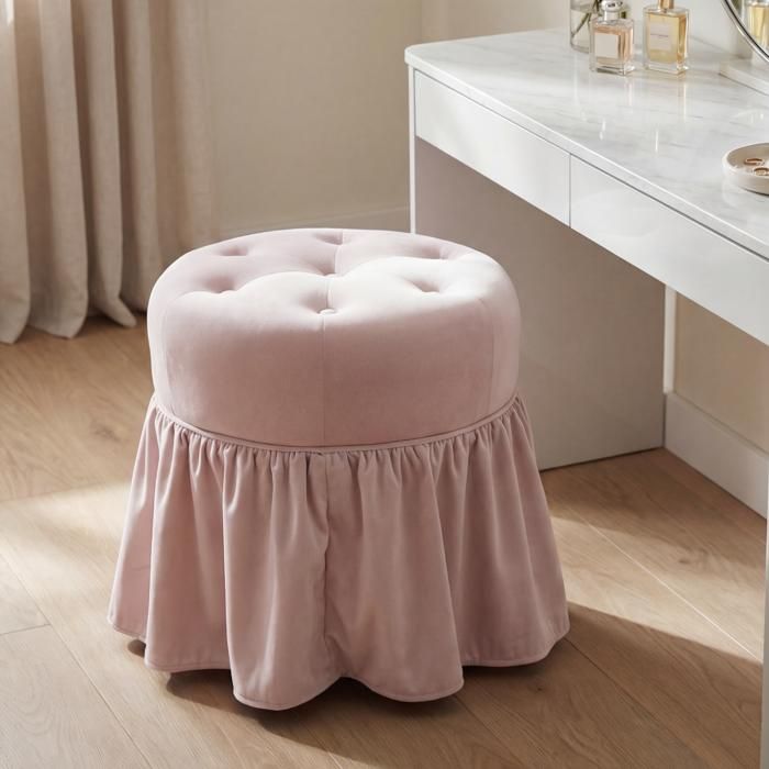 Ya-Home Tabouret de Coiffeuse à roulettes Tabouret Rond en Velours Siège avec Jupe à Volants Pouf à Boutons pour Chambre Rose