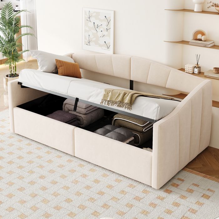 Lit banquette coffre 90x200 cm - FloraGrace avec rangement hydraulique sommier a lattes et accoudoirs - Beige