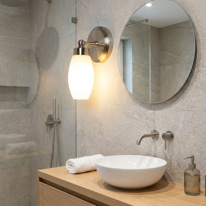 Applique Salle de Bain IP44 pour Miroir – Luminaire Mural E14 Max 20W en Métal nickel et Verre Opalin MINORA