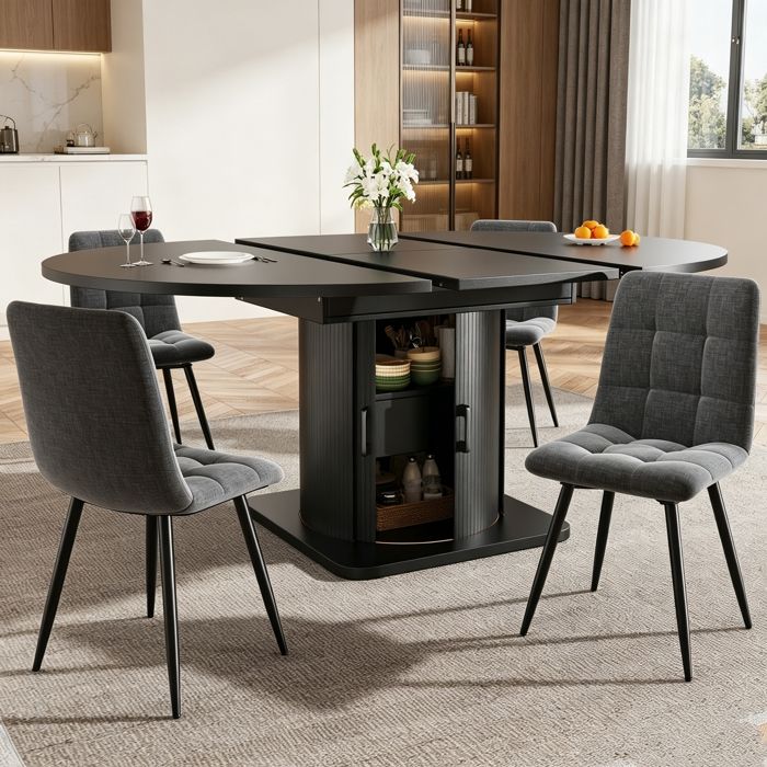 Ensemble Table et Chaises de Salle à Manger Moderne 5 Pièces Table a Manger Extensibles avec 4 Chaises Chaise en Lin Gris Noir