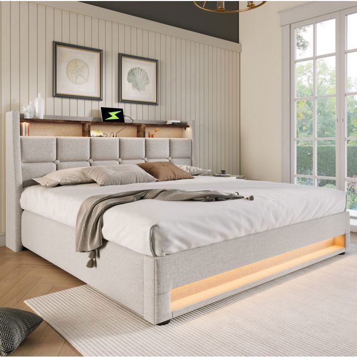 Lit coffre lit adulte 160x200 cm avec LED USB sommier relevable en lin beige clair matelas inclus