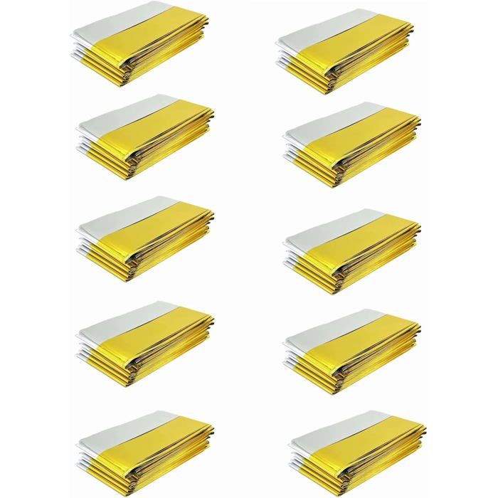 10 Pcs Couverture de Survie Extra Large 210 cm x 160 cm - Kit de Survie Thermique Argent Doré pour Le Bivouac Camping Survivalisme