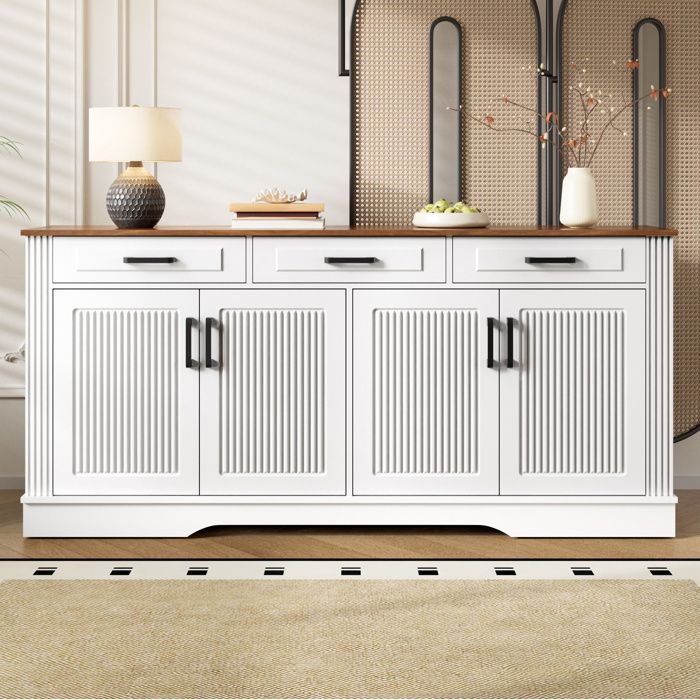 WOVREO Buffet bas 160x40x75 cm MDF blanc et marron avec 4 portes rainurées 3 tiroirs et étagères fixes