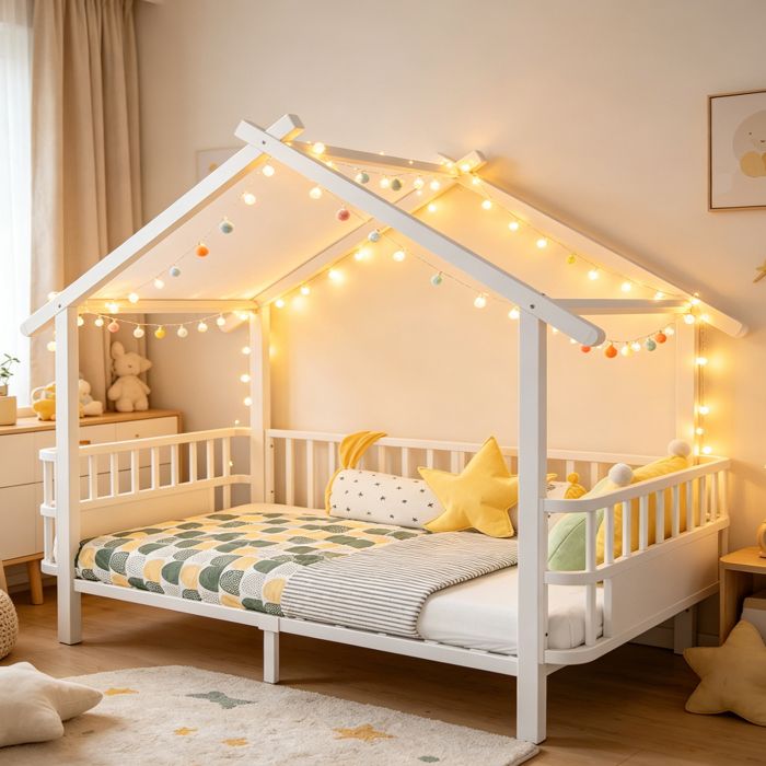 Lit Enfant Maison 90x200 Cm En Métal Blanc Lit Cabane Avec Toit Décoratif Et Barrières De Sécurité