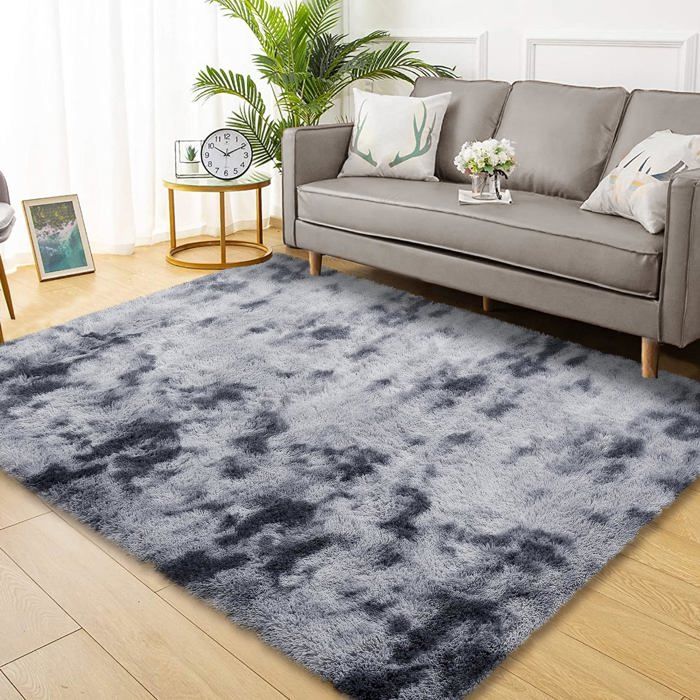 Grand tapis poils longs soyeux laine envers antidérapant salon gris 244×254cm (8×10ft)