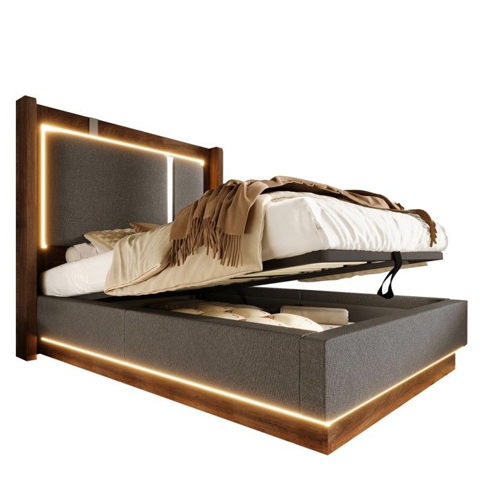 Lit Simple Enfant 90x200cm Gris Lin Noyer Capitonné LED Coffre Hydraulique Sommier Lattes Chambre Confortable sans Matelas