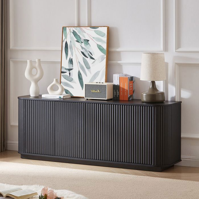 MEUBLIV Buffet bas / meuble TV 162 5 cm noir en MDF 4 portes facade ondulee