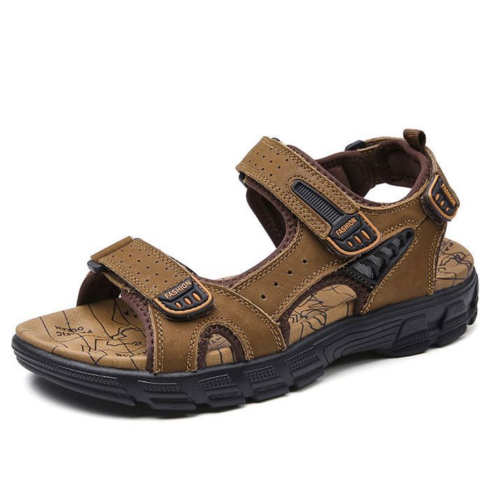 Sandales Homme Cuir Marche Randonnée Été Extérieur Bout Ouvert Grande Taille Confortable Respirantes Antidérapante - Marron