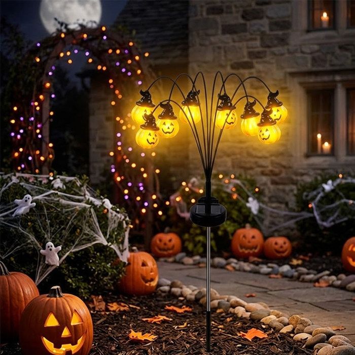 Halloween Lampe Solaire Exterieur Jardin 8 LED Lumières de Citrouille Étanche IP65 pour Chemins Pelouse Terrasse Tombe Patio