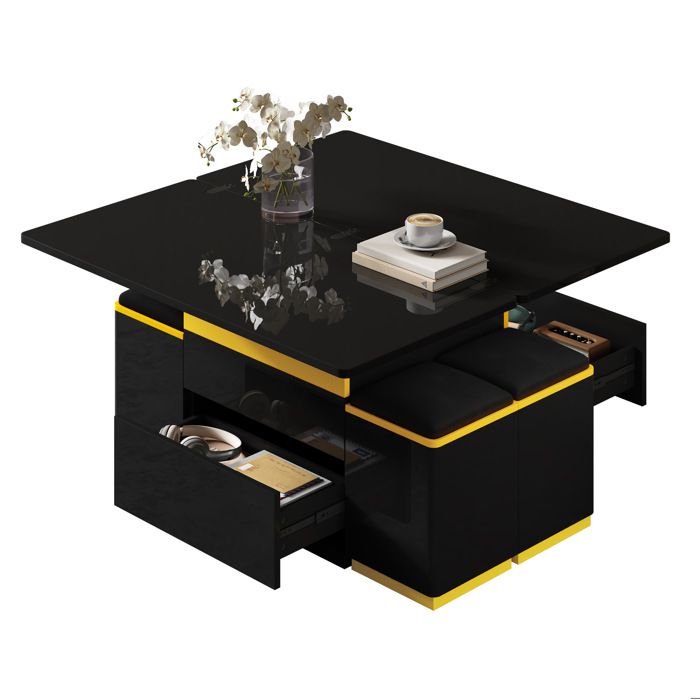 ELVORIN Table basse relevable et pliante 100 x 50 x 43 cm noir brillant et jaune MDF et panneaux de particules 4 tabourets