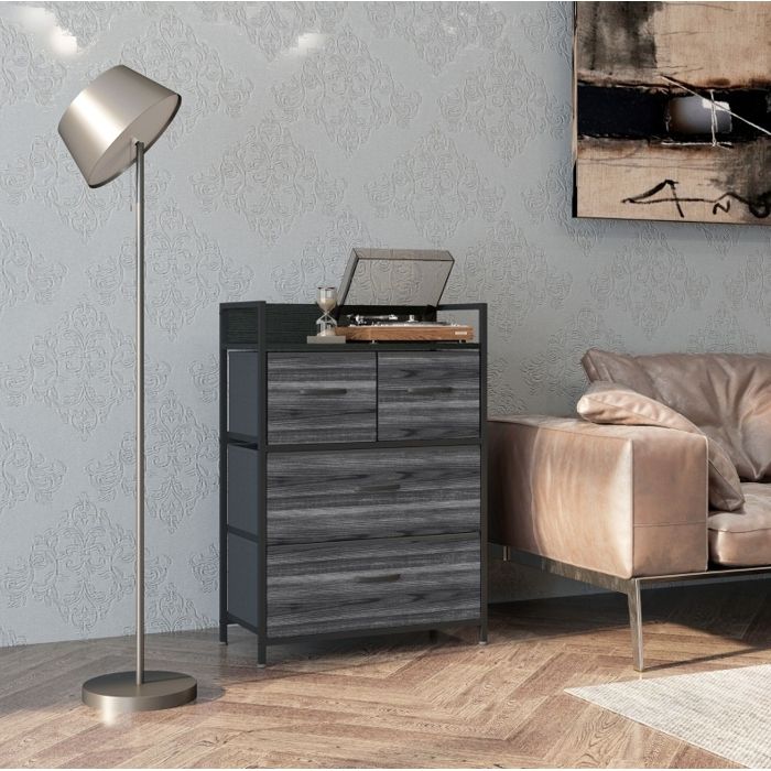 Buffet bas industriel 4 tiroirs en tissu noir 60x29x85 cm structure acier avec pieds réglables JOINERY