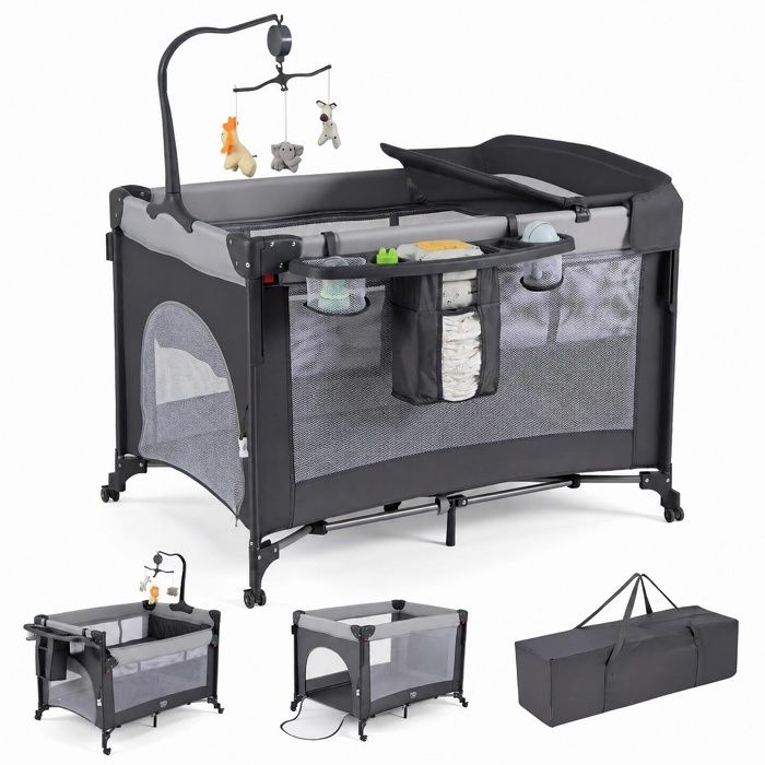 Lit Parapluie Bébé Pliant avec Matelas 5 en 1 COSTWAY-4 Hauteur Réglable-Table à Langer Boîte Musique Jouets Suspendus-Noir Lit Parapluie Bébé Pliant avec Matelas 5 en 1 COSTWAY-4 Hauteur Réglable-Table à Langer Boîte Musique Jouets Suspendus-Noir