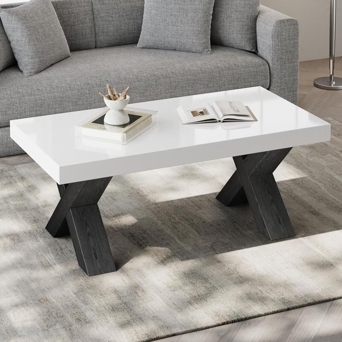 Table Basse Rectangulaire Table de Salon Haute Brillance Table Dappoint Moderne avec Pieds de Table en Forme de X 100x50x40cm