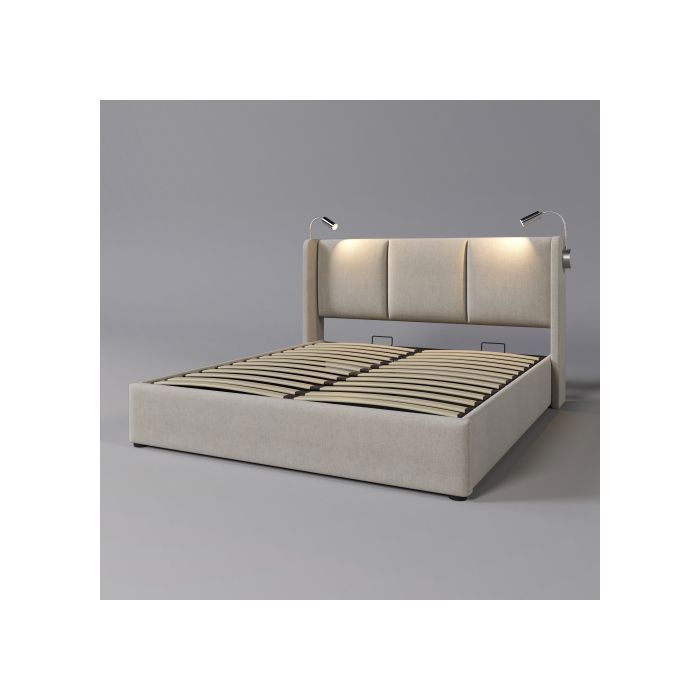 Cadre de lit de rangement rembourré avec lumière de lecture chargeur USB cadre en fer lattes élastiques lin beige