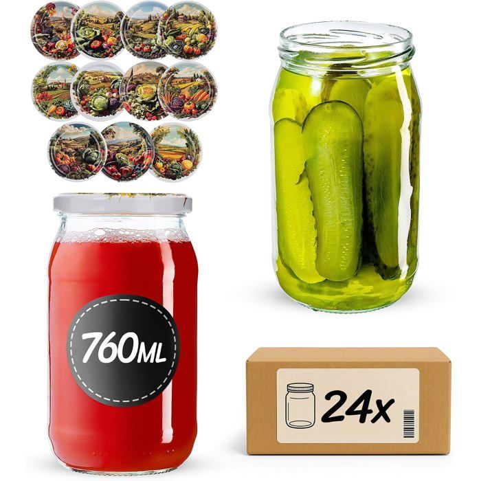 KADAX Lot de 24 bocaux en verre 760ml Ø82 avec couvercle Twist-Off hermétique pour conserves et confitures