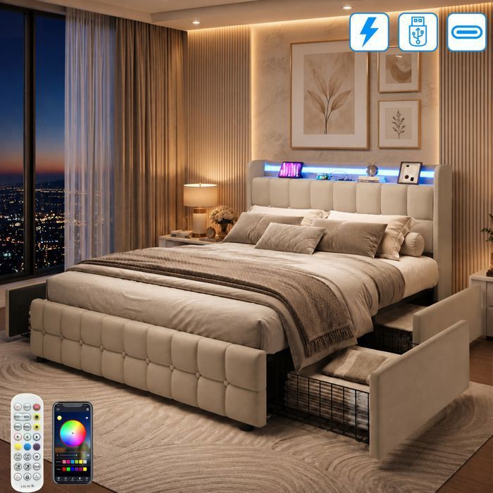 Lit 160x200 avec 4 Tiroirs LED et USB Lit Double Adulte avec Sommier à Lattes Tête de Lit Capitonnée Sans Matelas Lin Beige