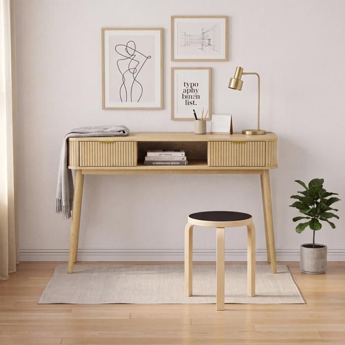 Console Mid-Century Vintage Style Eichenoptik 2 tiroirs + étagère ouverte bureau canapé entrée