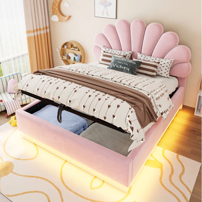 COVREO Lit rembourré 140 x 200 cm en velours rose tête de lit fleurie rangement hydraulique et LED intégrée