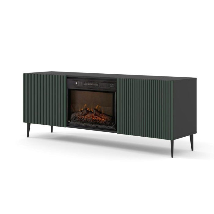 Meuble TV avec cheminée électrique Ravenna F 170 cm 2 portes rainurées - noir mat et vert foncé