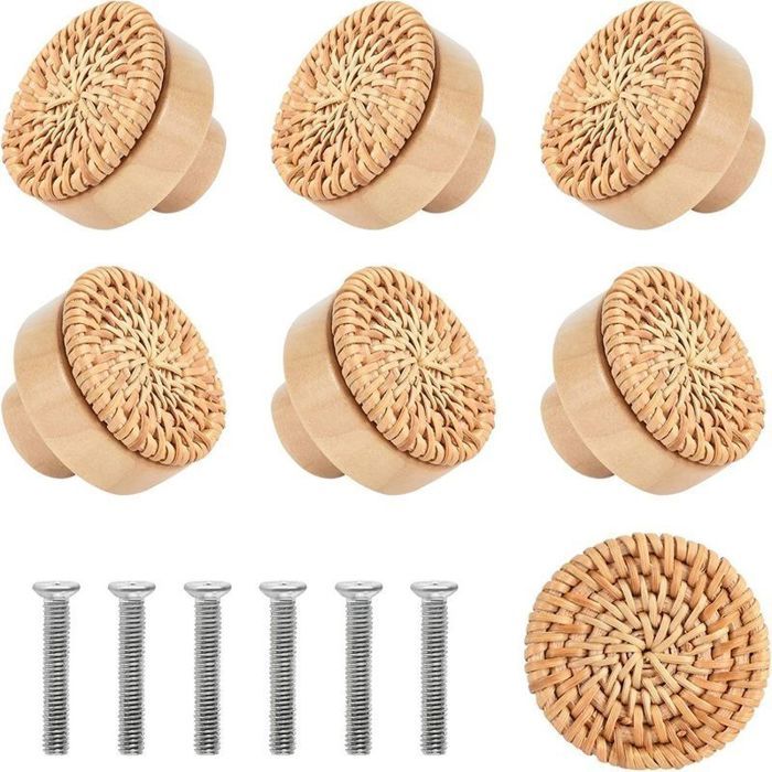 Boutons meubles rotin - MAX® - Vintage Rond - 4x3cm Bois - Lot de 6 avec vis pour armoire tiroir cuisine Boutons meubles rotin - MAX® - Vintage Rond - 4x3cm Bois - Lot de 6 avec vis pour armoire tiroir cuisine