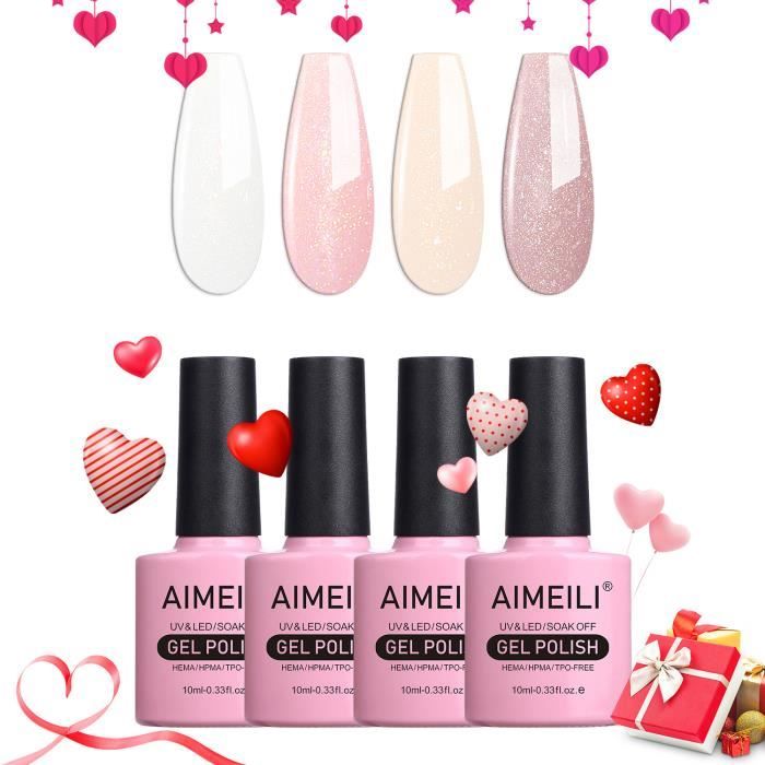 AIMEILI Vernis Semi Permanent Set 4pcs X 10ml Pailleté Blanc Nude Rose, Lot Vernis à Ongles Gel Soak Off UV LED Manucure Kit 29