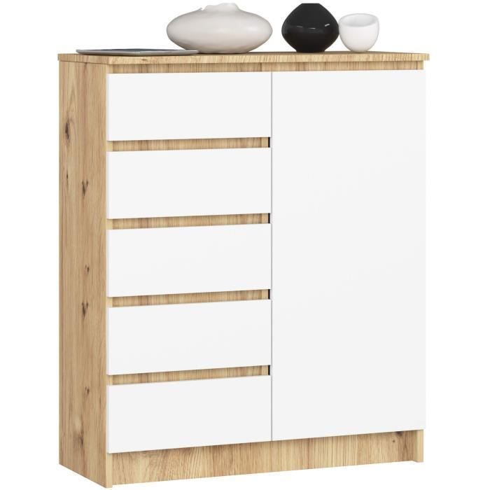 Commode AKORD K80 Chêne Artisan 80 cm 1 porte 5 tiroirs façade Blanche 3 étagères 80x35x97 cm Commode AKORD K80 Chêne Artisan 80 cm 1 porte 5 tiroirs façade Blanche 3 étagères 80x35x97 cm