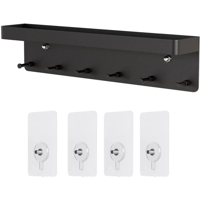 Porte-Clés Mural AIVORO Lot De 2 - 6 Crochets Aluminium Noir - Sans Perçage Ou Vis