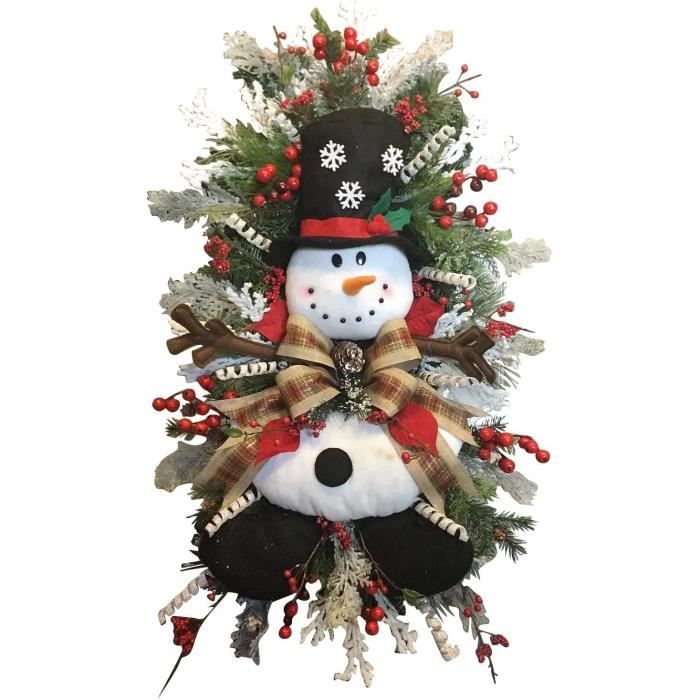 Couronne De Porte De Noël 35 Cm - Thème Bonhomme De Neige - Décoration Murale Intérieure/extérieure - Rotin, PVC, Flanelle - 12