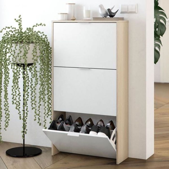 Meuble A Chaussures Chene Blanc Brillant Tiarala Blanc Bois