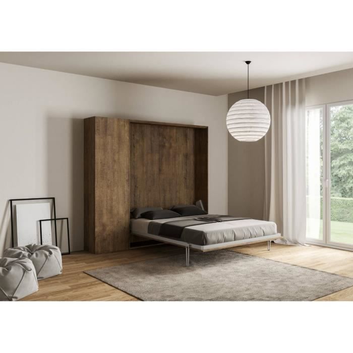 Lit escamotable - Kentaro - 120x190 cm - Compact et pratique - Noyer - 2 places
