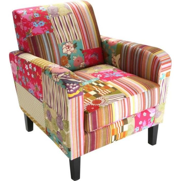 fauteuil pour salon pink patchwork - versa - 71 x 77 x 65 cm - confortable en coton et bois