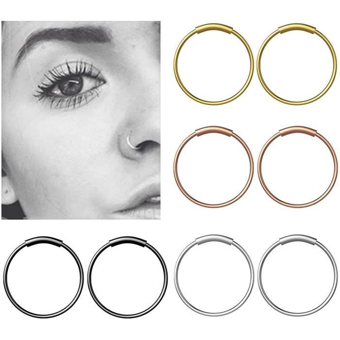 8 pcs anneau de nez piercing anneau hoop bijoux pour décoration nez en acier inoxydable 4 couleurs argent, or, noir, or rose