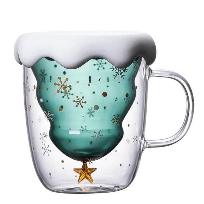 2 Tasses à Café En Verre Forme Sapin De Noël - 300ml, Double Paroi Isolante - Avec Couvercle Et Cuillère Dorée - Cadeau De Noël - 7
