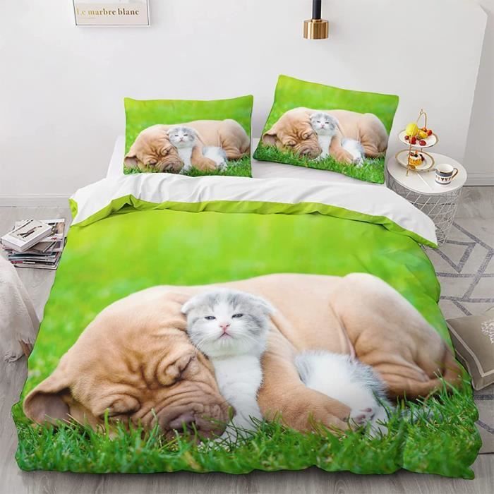 Parure De Lit Le Chat Mignon 220*240 Cm 3D Effet 3 Pieces 1 Housse De Couette Et 2 Taies D