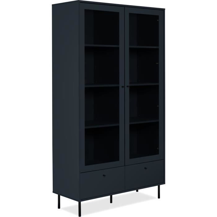 Vitrine buffet haut - Caracas - 2 portes vitrées et 2 tiroirs - 100 x 40 x 183 cm - Bleu navy