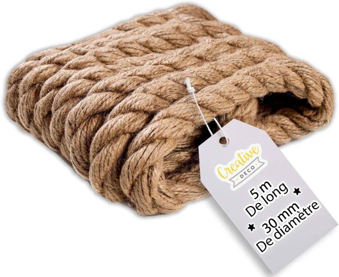 Creative Deco 5m Corde de Jute Epaisseur 30mm - Ficelle Jute - Griffoir Chat - Ficelle Jardin - Corde Balancoire - Corde Chanvre