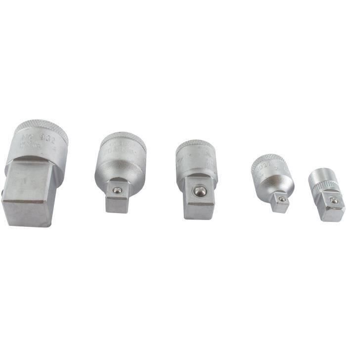 Jeu de cinq adaptateurs composé de deux réducteurs 3/8-1/4 et 1/2-3/8 et de trois augmentateurs 1/4-