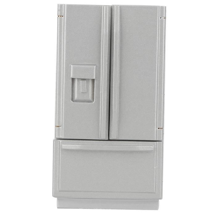 Mini Réfrigérateur Double Porte 1:12 Pour Maison De Poupée - Bois De Bouleau, Décoration Blanche Et Argentée