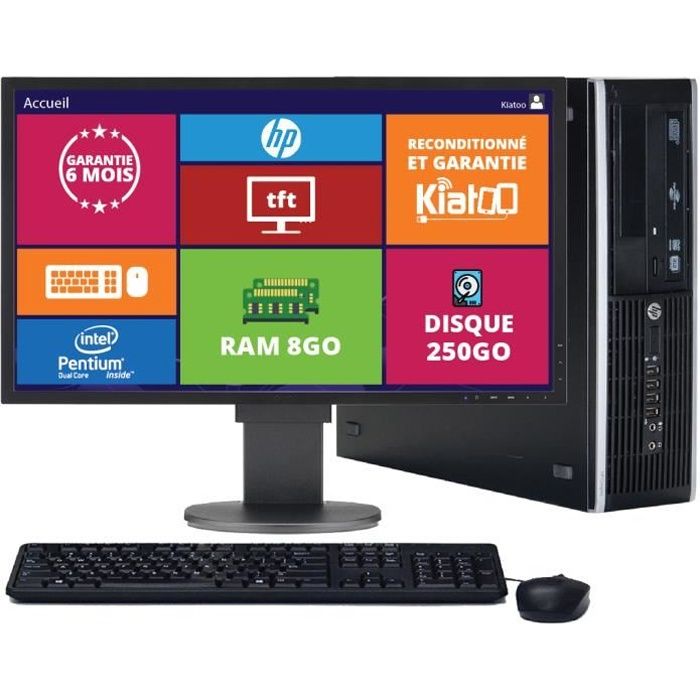 ordinateur de bureau HP elite 8200 pentium intel dual core 8 go ram 250 go disque dur,pc reconditionné avec écran 22 pouces,w7