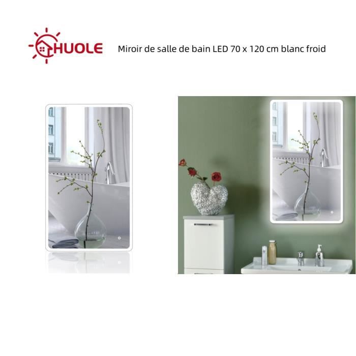 Miroir de salle de bain LED HUOLE à angle rond, tactile et mural - 70 x 120  cm blanc froid - Cdiscount Maison