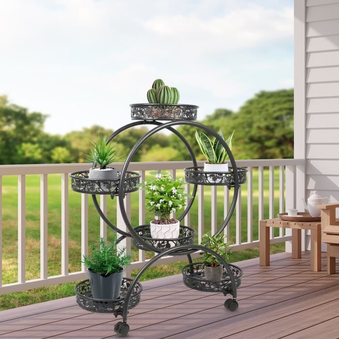 Support à Plantes [en.casa] Doel – 3 Cache-pots Métal Laiton/noir – Pliable, Hauteur 69 Cm