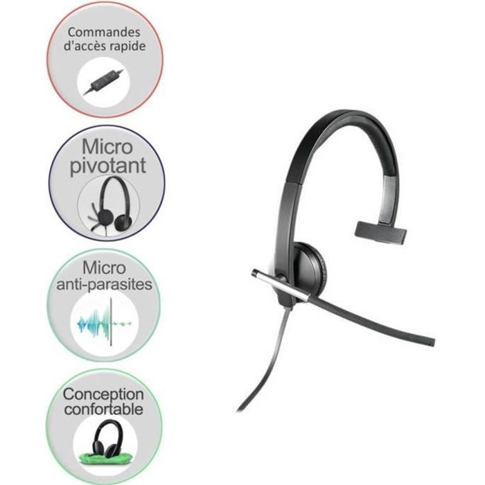 Casque mono Logitech USB H650e - filaire avec commandes daccès rapide et tige de micro flexible