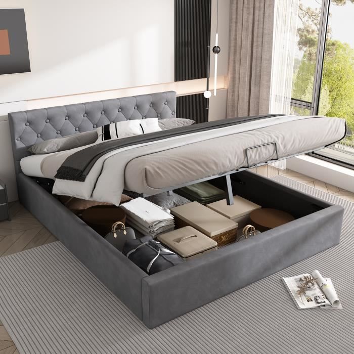lit coffre double 140 x 200 cm pour adulte 2 places avec sommier à lattes, lit capitonné en velours gris, style scandinave