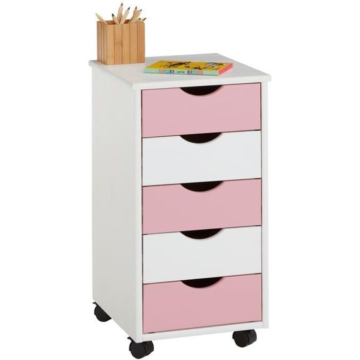 caisson de bureau lagos meuble de rangement sur roulettes avec 5 tiroirs, en pin massif lasuré blanc et rose